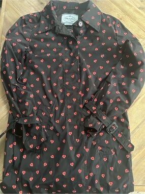 Prada Black Trench Coat with Red Heart Print